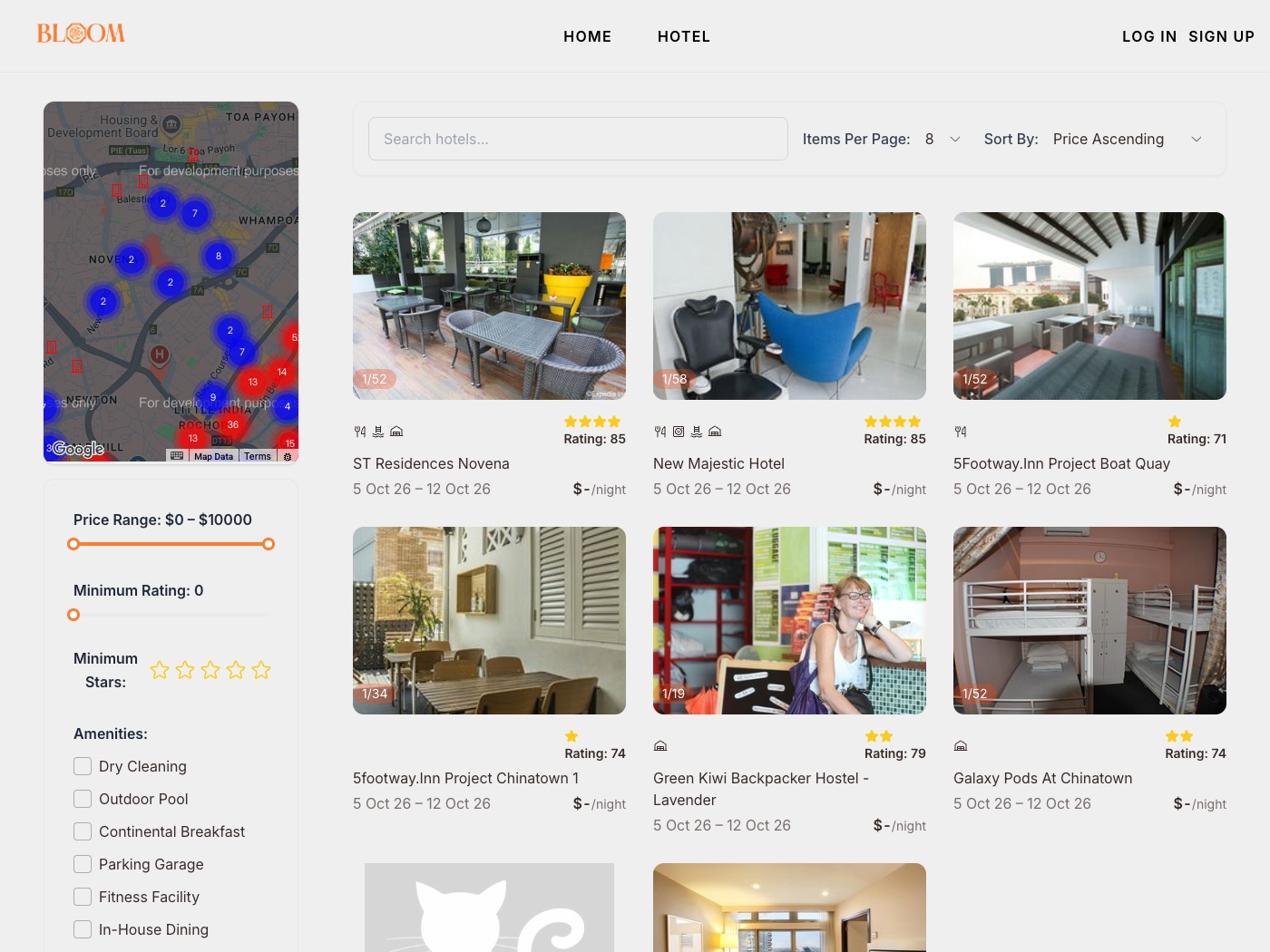 hotel listings with the clustered map