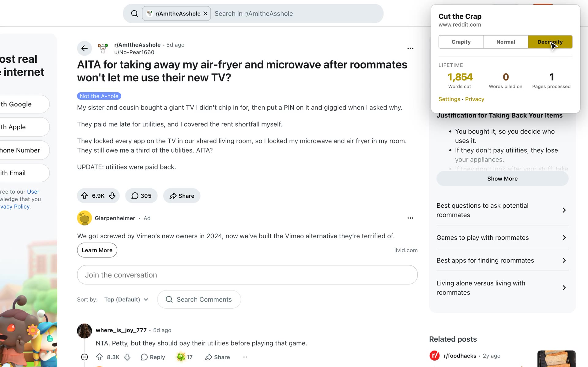 the extension cutting a Reddit post down, then piling it back on