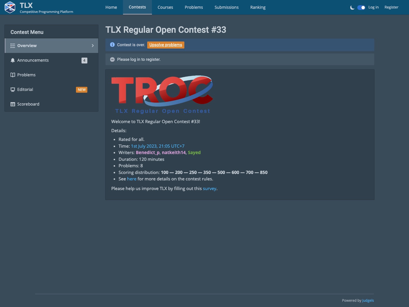 the contest page on TLX